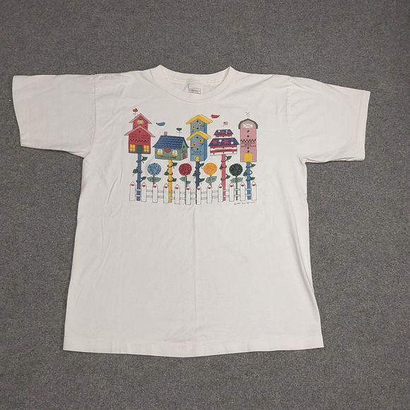 Vintage 1995 Melhart Designs Single Stitch  Bird Houses White T-Shirt Size Large - Picture 1 of 10